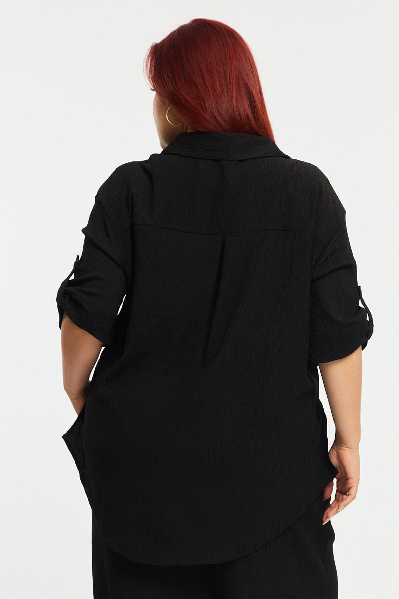 Black Relaxed Shirt Short Sleeve Textured for YouandAll Fashion