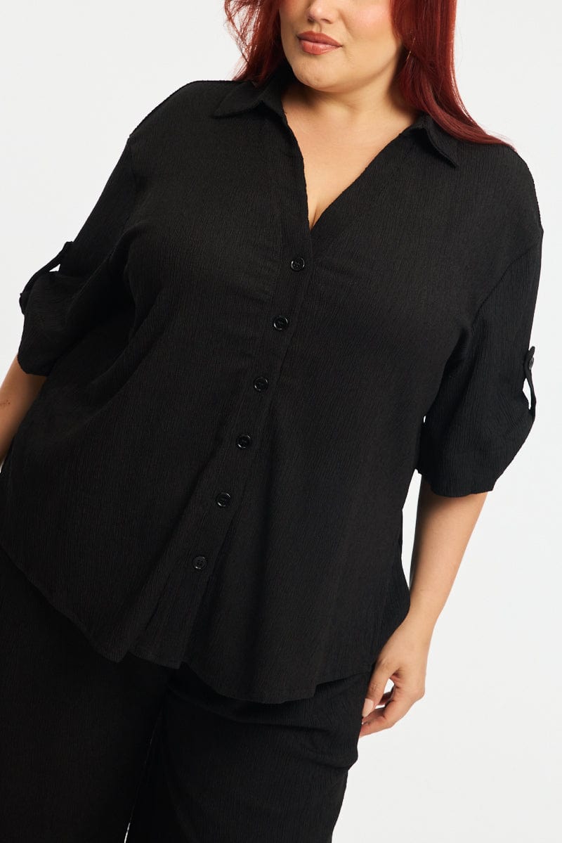 Black Relaxed Shirt Short Sleeve Textured for YouandAll Fashion