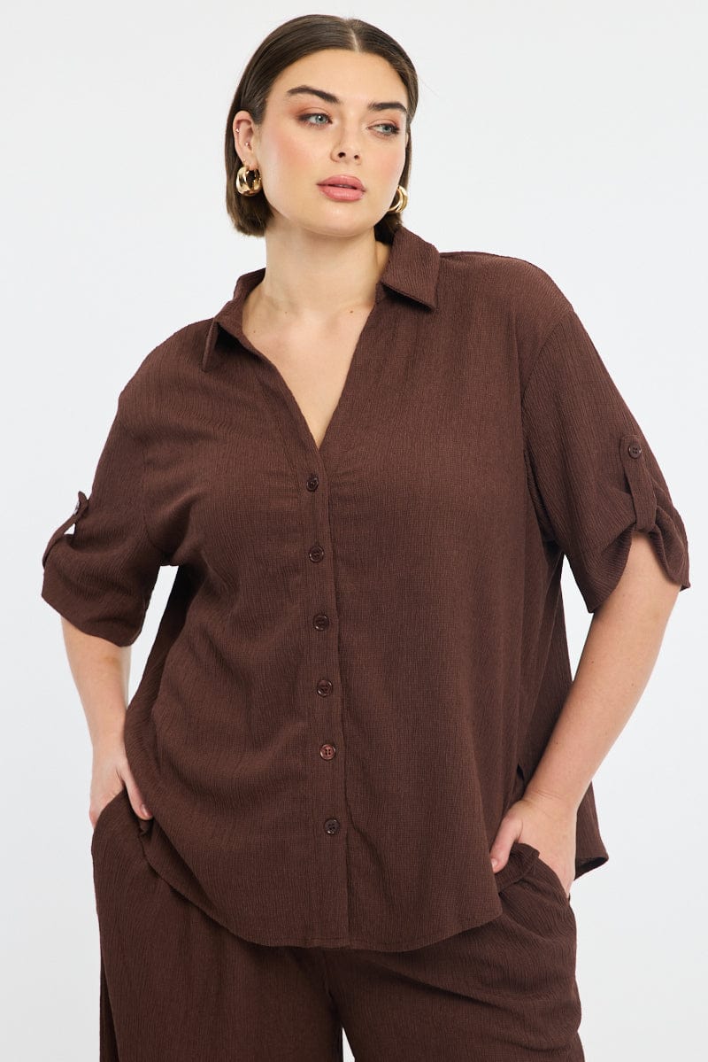 Brown Relaxed Shirt Short Sleeve Textured for YouandAll Fashion