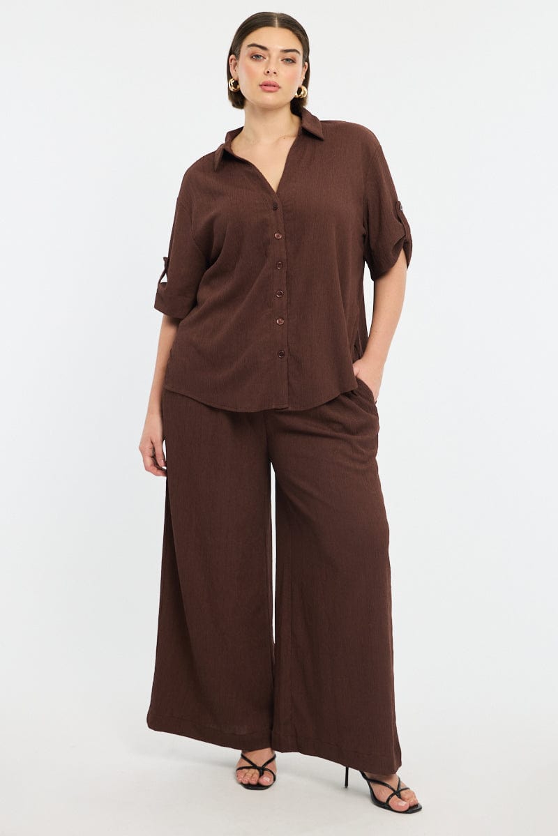 Brown Relaxed Shirt Short Sleeve Textured for YouandAll Fashion
