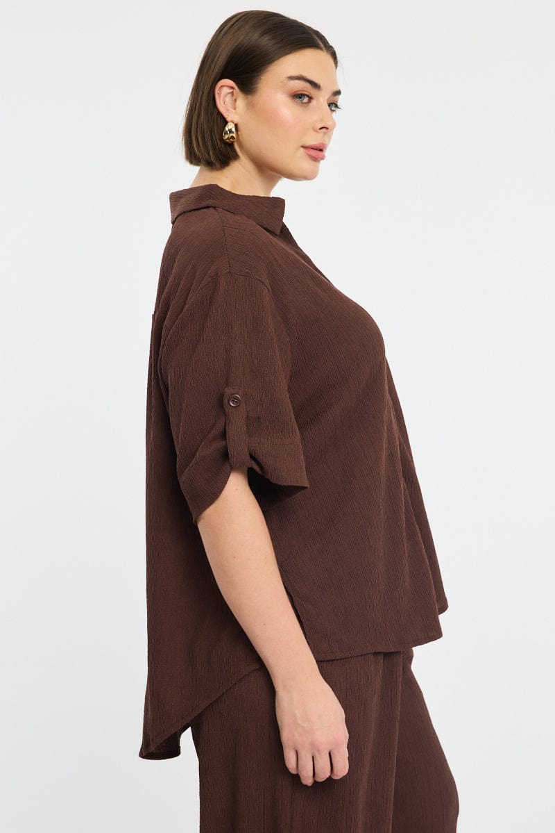 Brown Relaxed Shirt Short Sleeve Textured for YouandAll Fashion