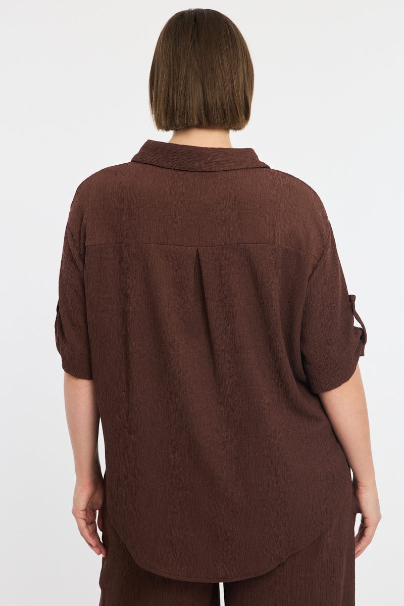 Brown Relaxed Shirt Short Sleeve Textured for YouandAll Fashion