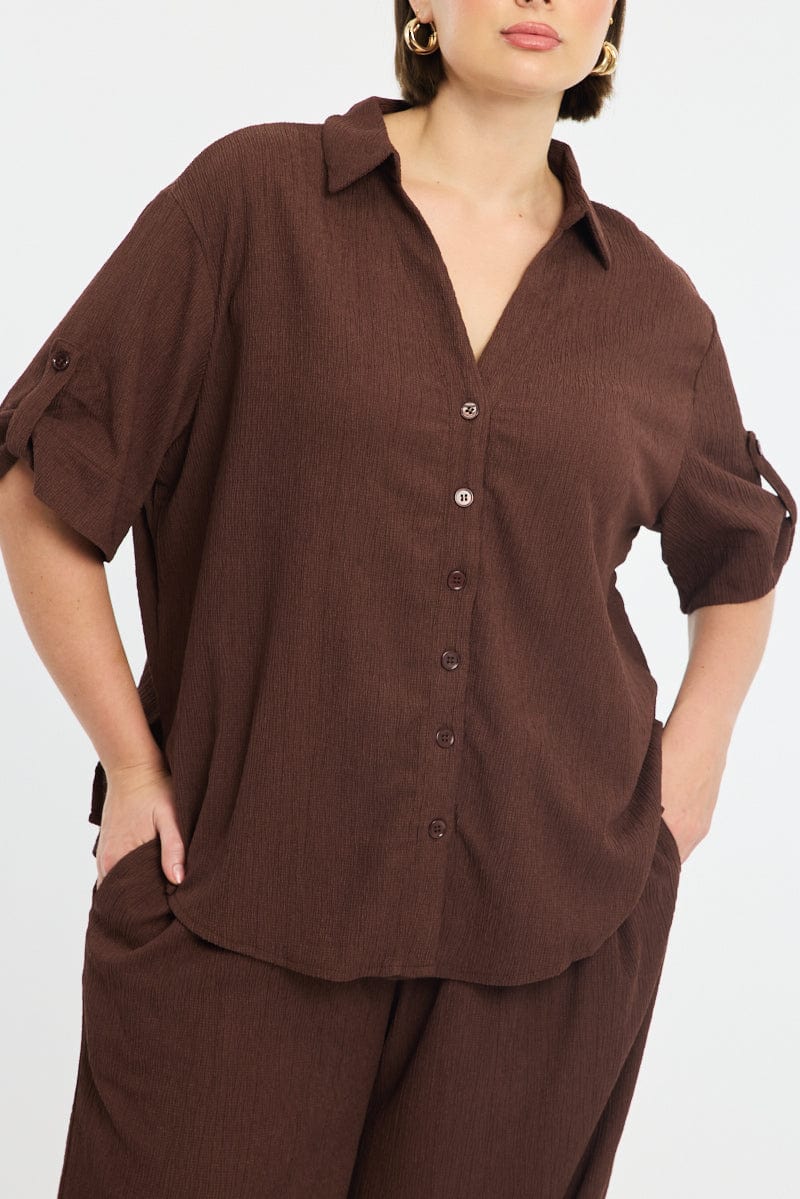 Brown Relaxed Shirt Short Sleeve Textured for YouandAll Fashion