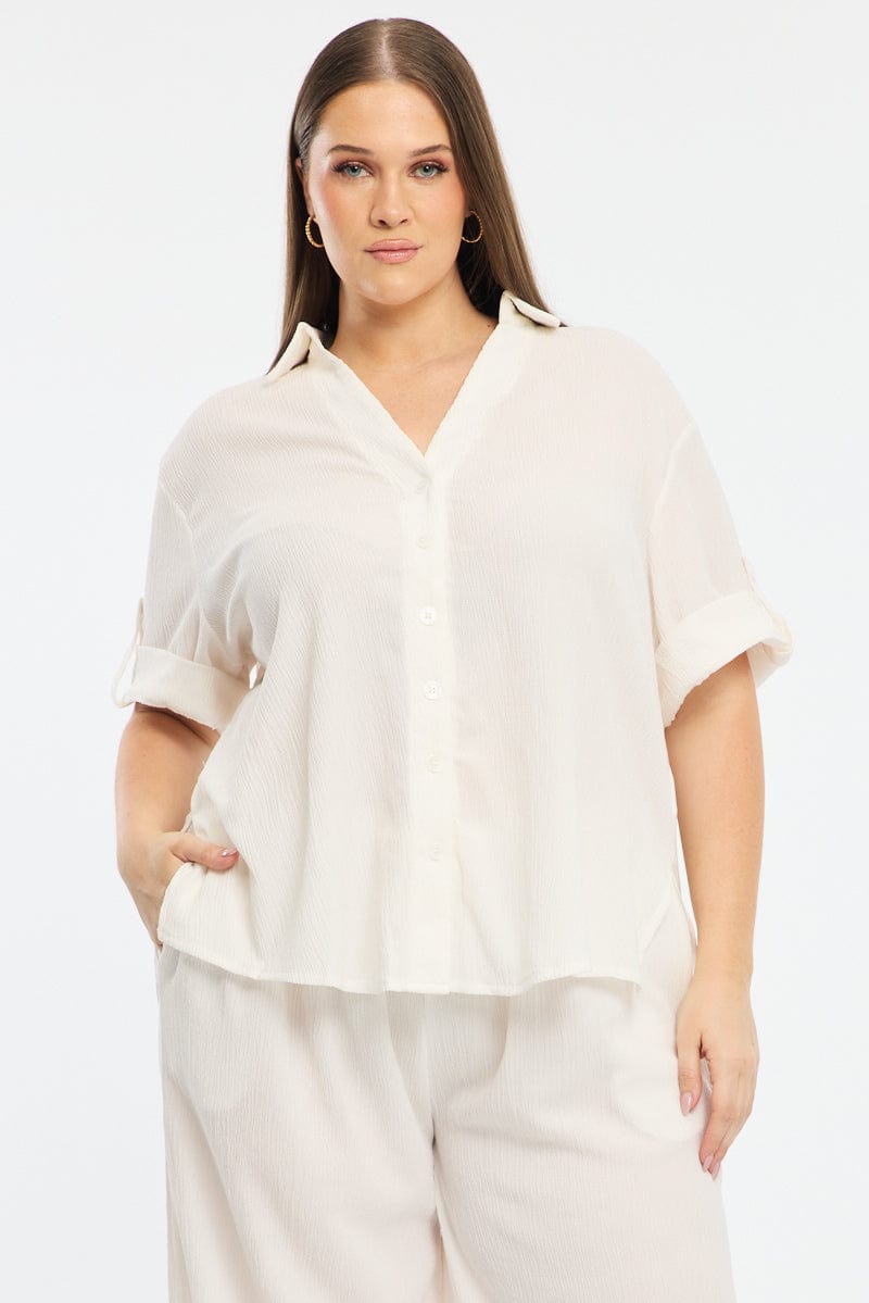White Relaxed Shirt Short Sleeve Textured for YouandAll Fashion