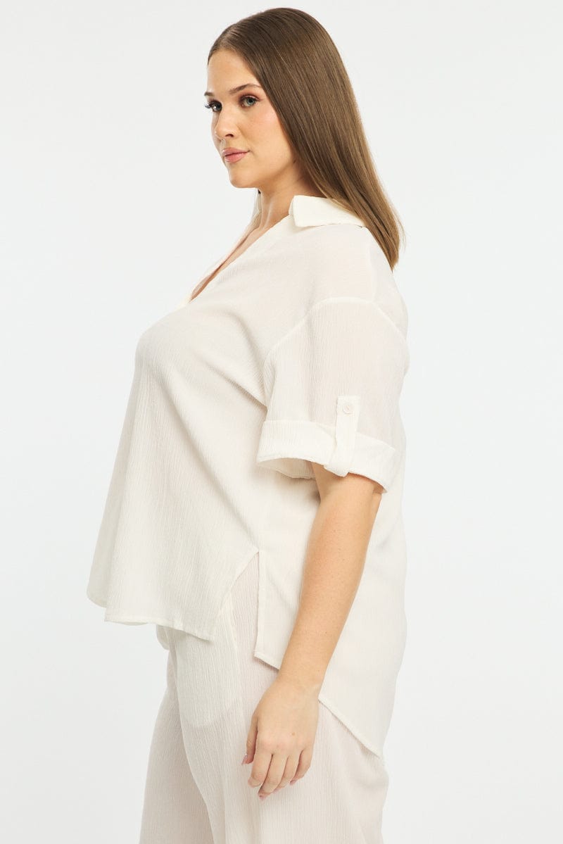 White Relaxed Shirt Short Sleeve Textured for YouandAll Fashion