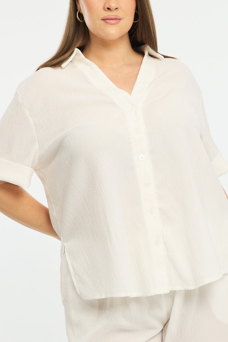 White Relaxed Shirt Short Sleeve Textured for YouandAll Fashion