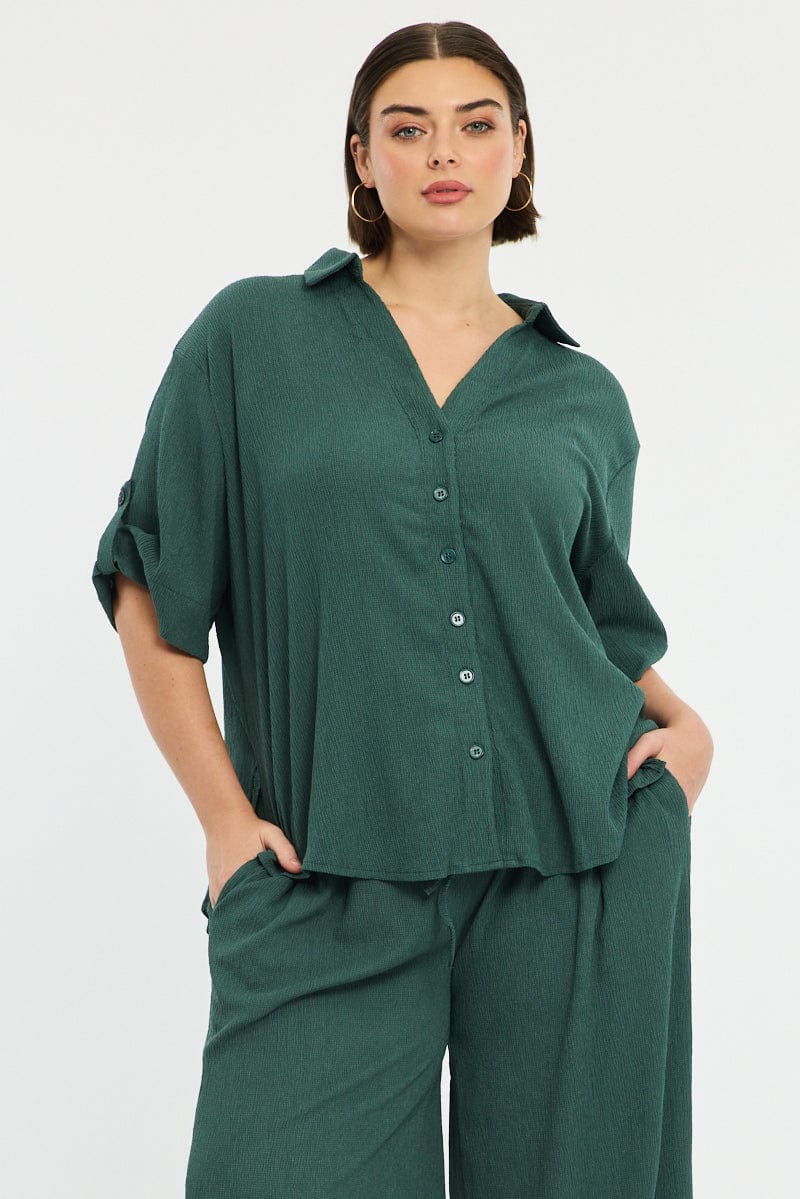 Green Relaxed Shirt Short Sleeve Textured for YouandAll Fashion