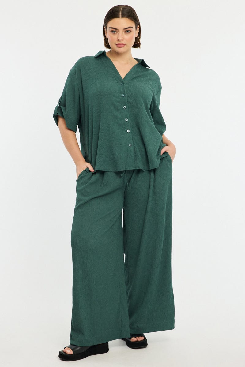 Green Relaxed Shirt Short Sleeve Textured for YouandAll Fashion