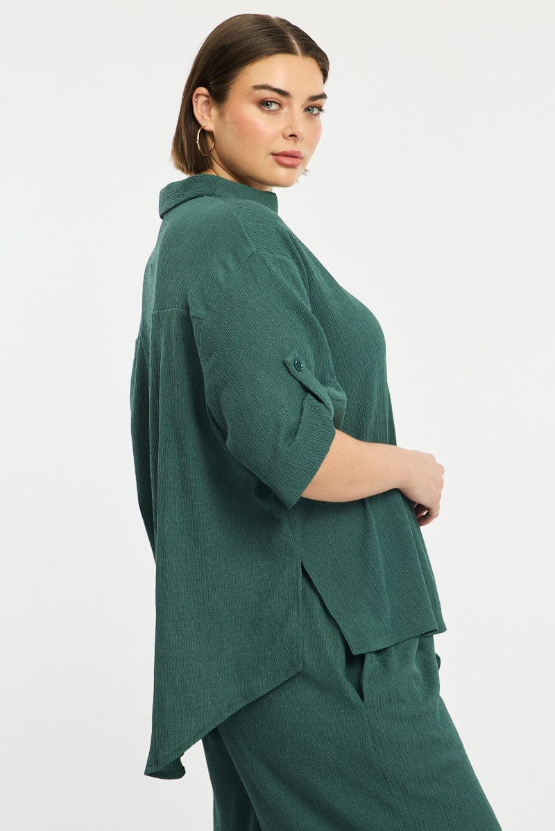 Green Relaxed Shirt Short Sleeve Textured for YouandAll Fashion