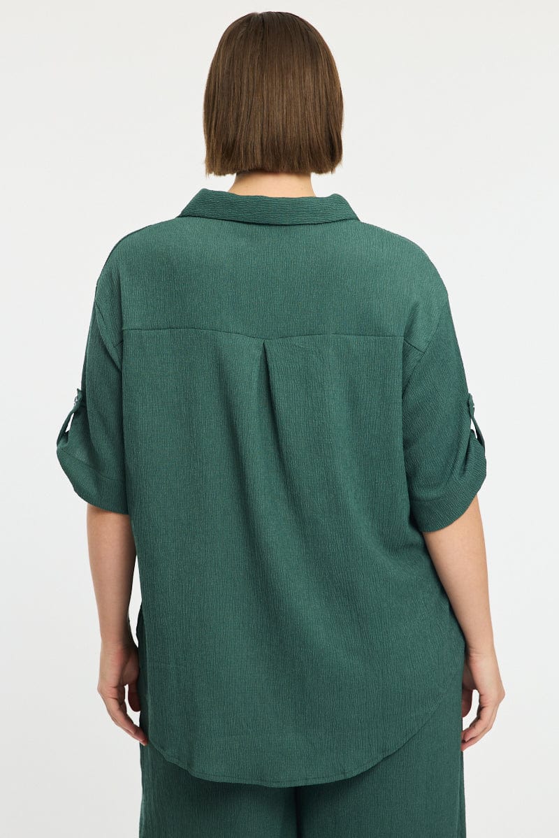 Green Relaxed Shirt Short Sleeve Textured for YouandAll Fashion