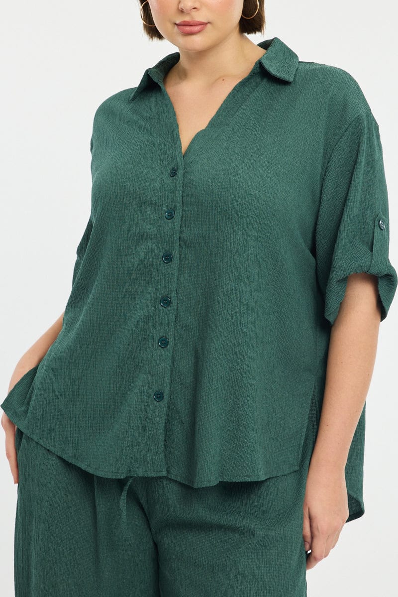 Green Relaxed Shirt Short Sleeve Textured for YouandAll Fashion