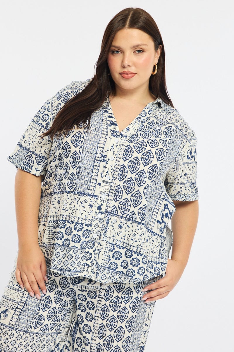 Blue Boho Relaxed Shirt Short Sleeve Linen Blend for YouandAll Fashion