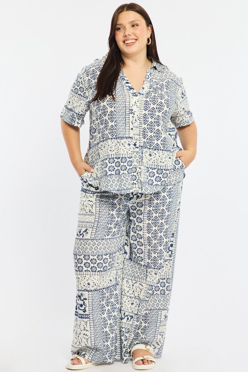 Blue Boho Relaxed Shirt Short Sleeve Linen Blend for YouandAll Fashion