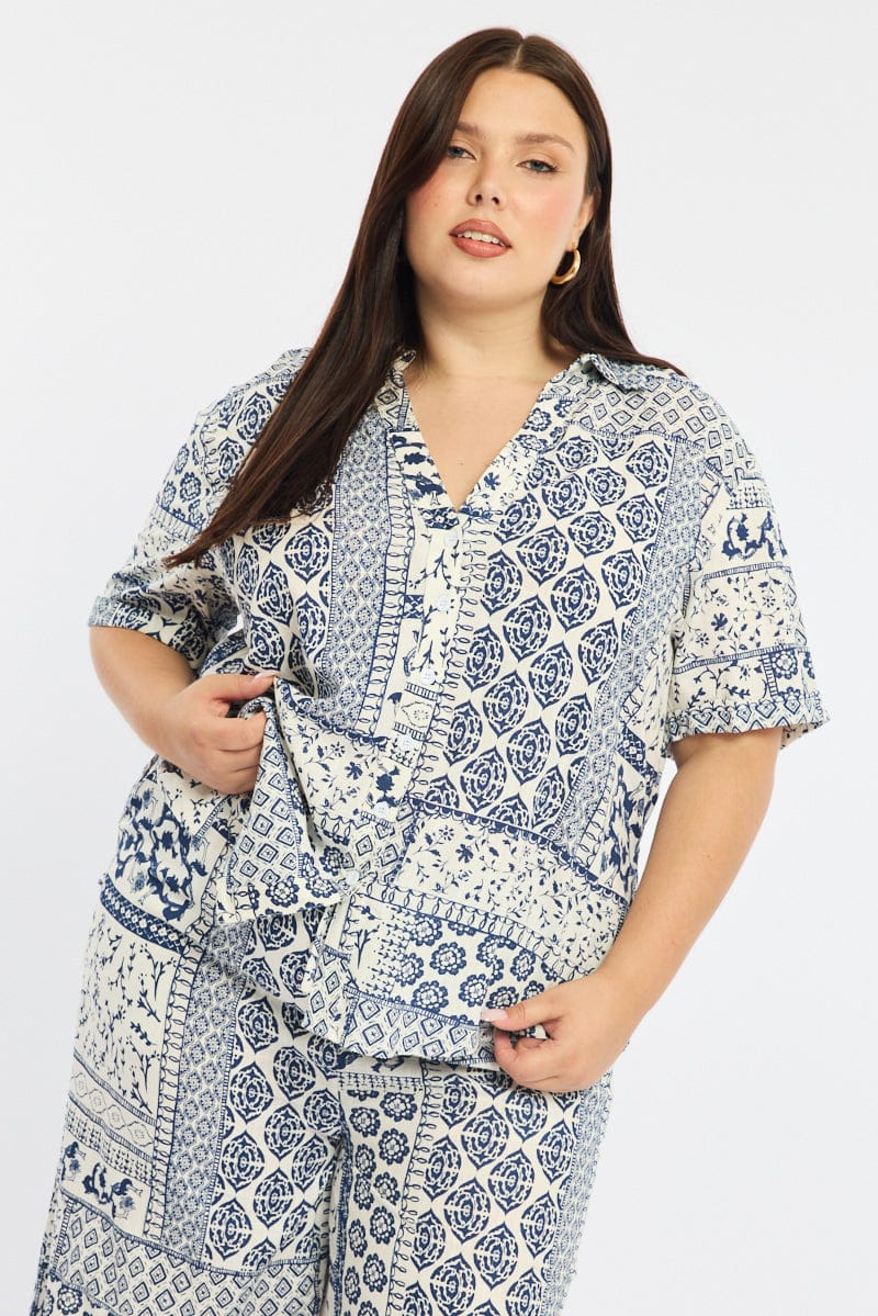 Blue Boho Relaxed Shirt Short Sleeve Linen Blend for YouandAll Fashion