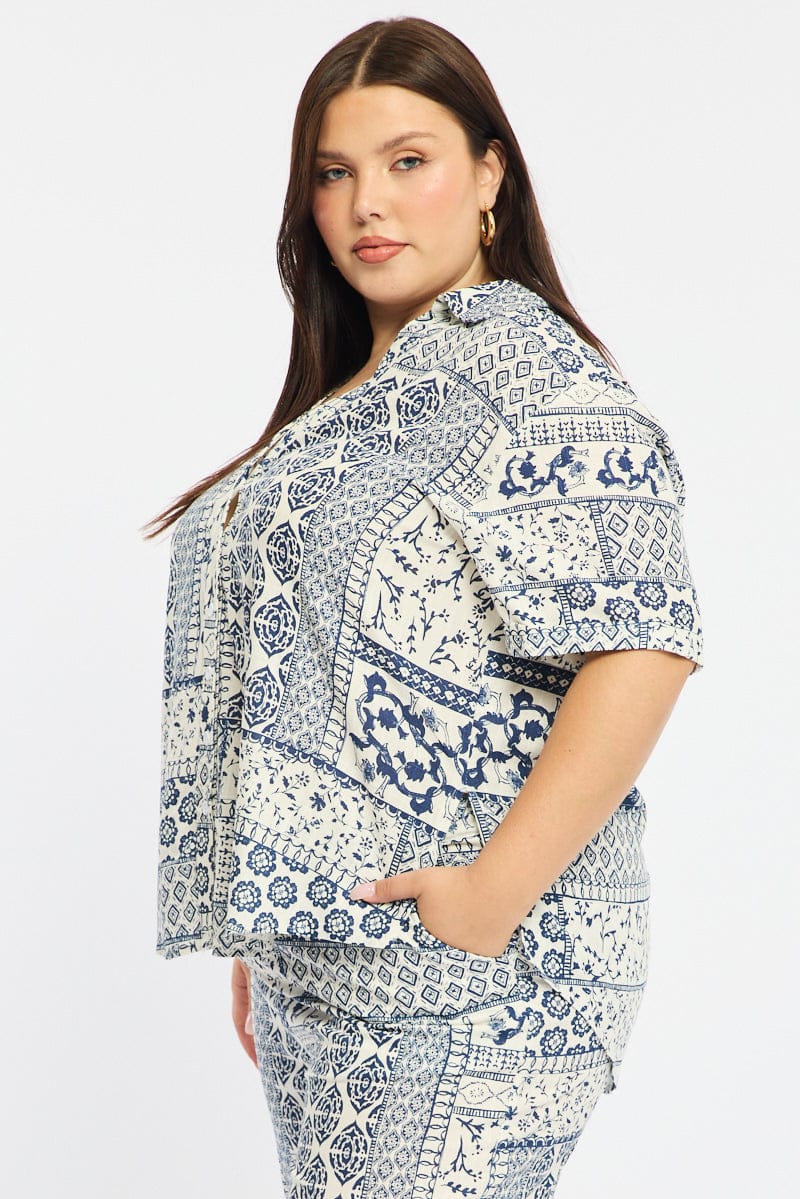 Blue Boho Relaxed Shirt Short Sleeve Linen Blend for YouandAll Fashion