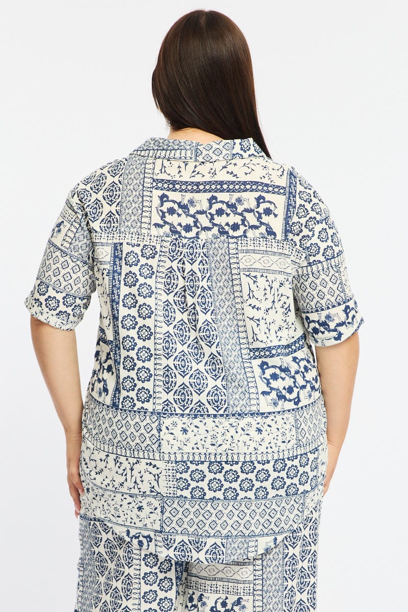 Blue Boho Relaxed Shirt Short Sleeve Linen Blend for YouandAll Fashion