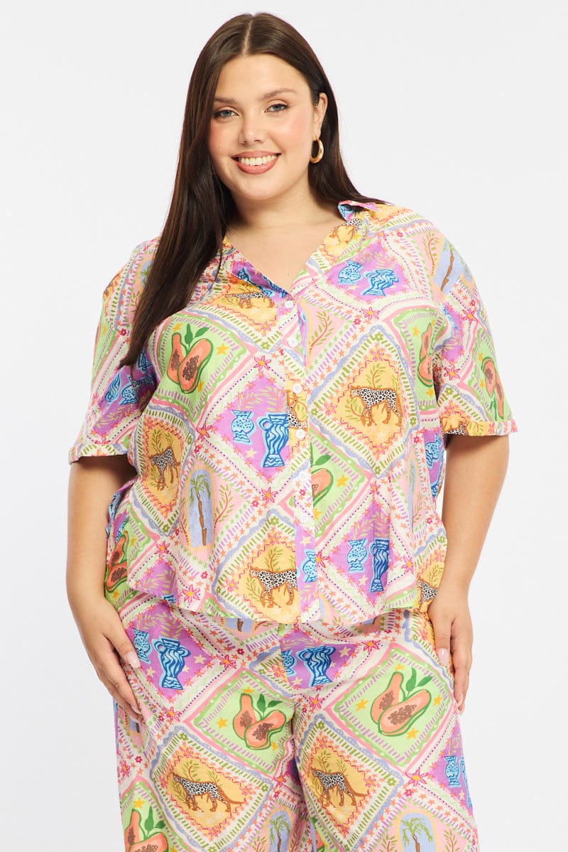 Multi Abstract Relaxed Shirt Short Sleeve for YouandAll Fashion