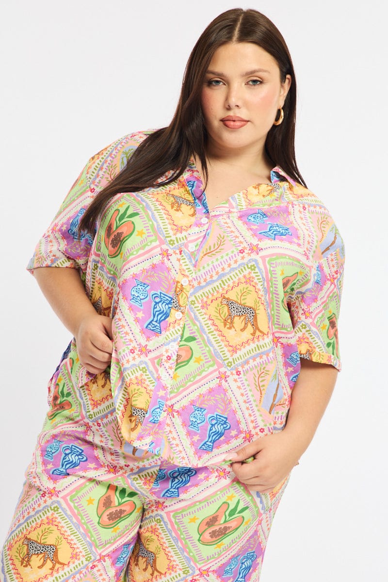 Multi Abstract Relaxed Shirt Short Sleeve for YouandAll Fashion