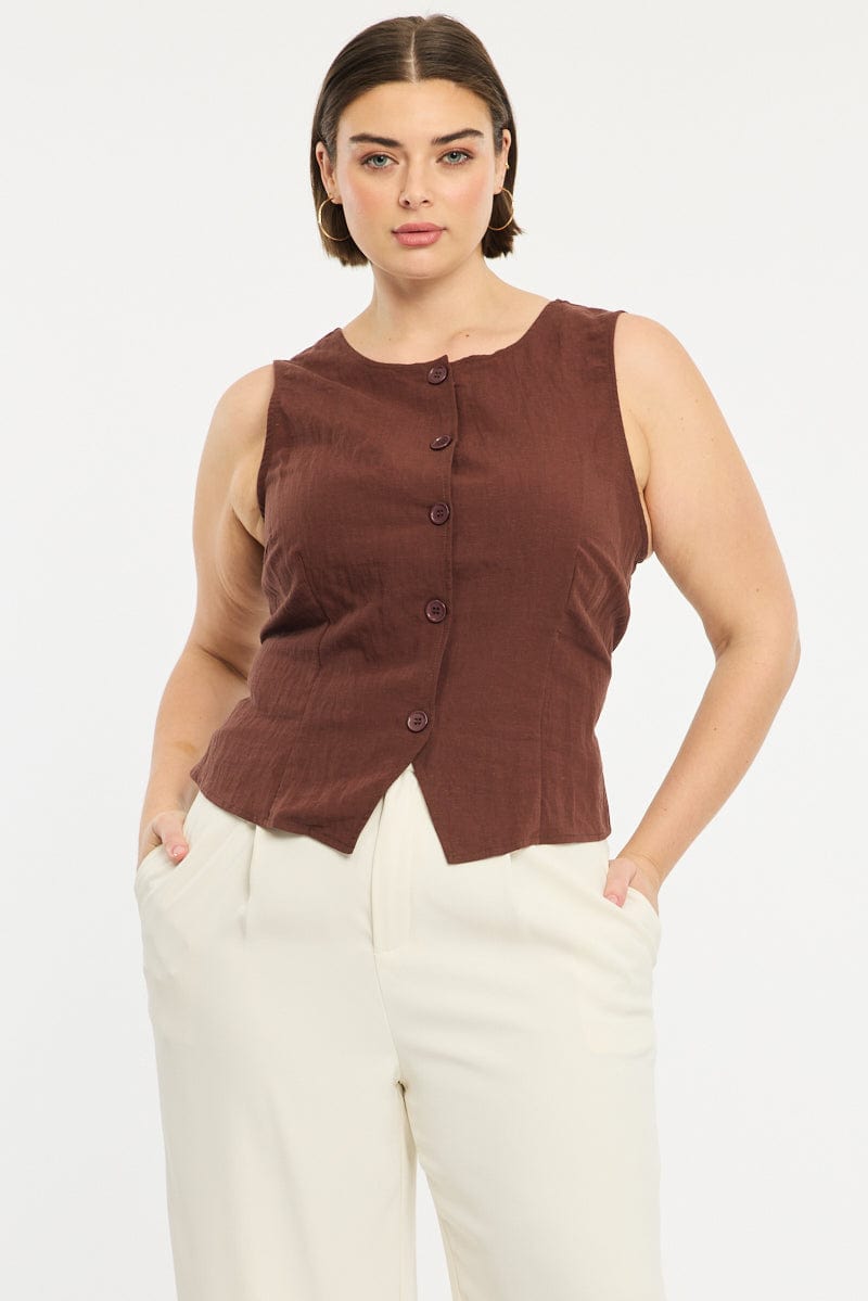 Brown Button Front Top Sleeveless Linen Blend for YouandAll Fashion