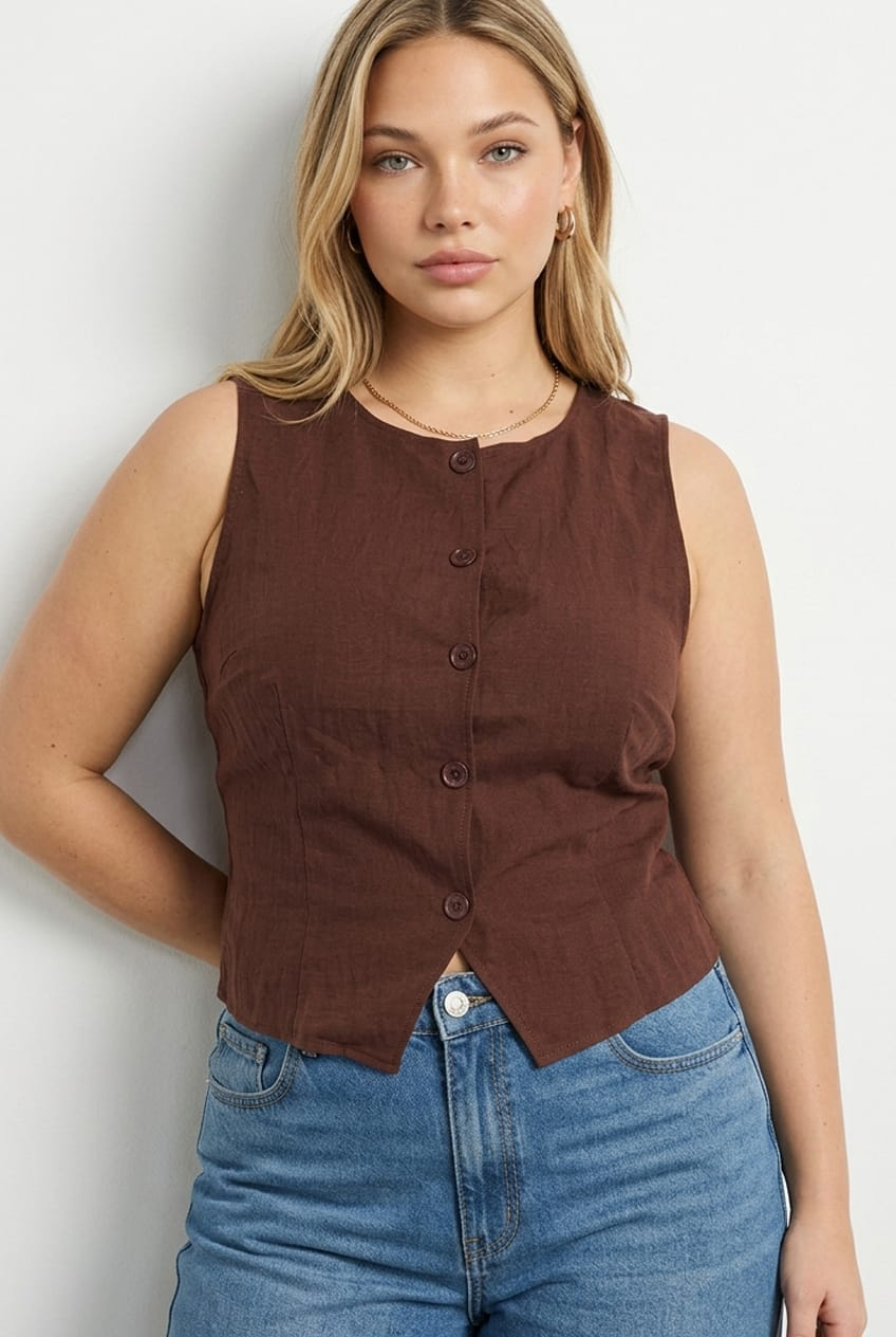 Brown Button Front Top Sleeveless Linen Blend for YouandAll Fashion
