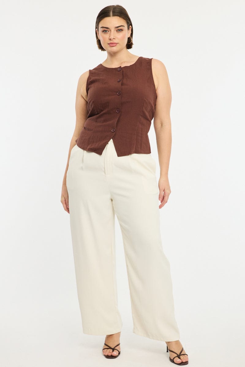 Brown Button Front Top Sleeveless Linen Blend for YouandAll Fashion