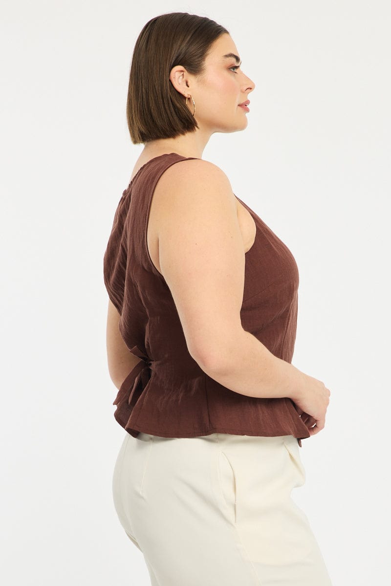 Brown Button Front Top Sleeveless Linen Blend for YouandAll Fashion