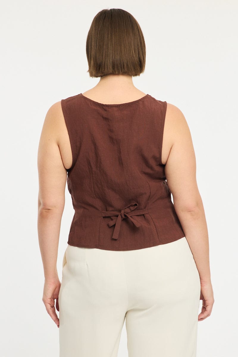 Brown Button Front Top Sleeveless Linen Blend for YouandAll Fashion