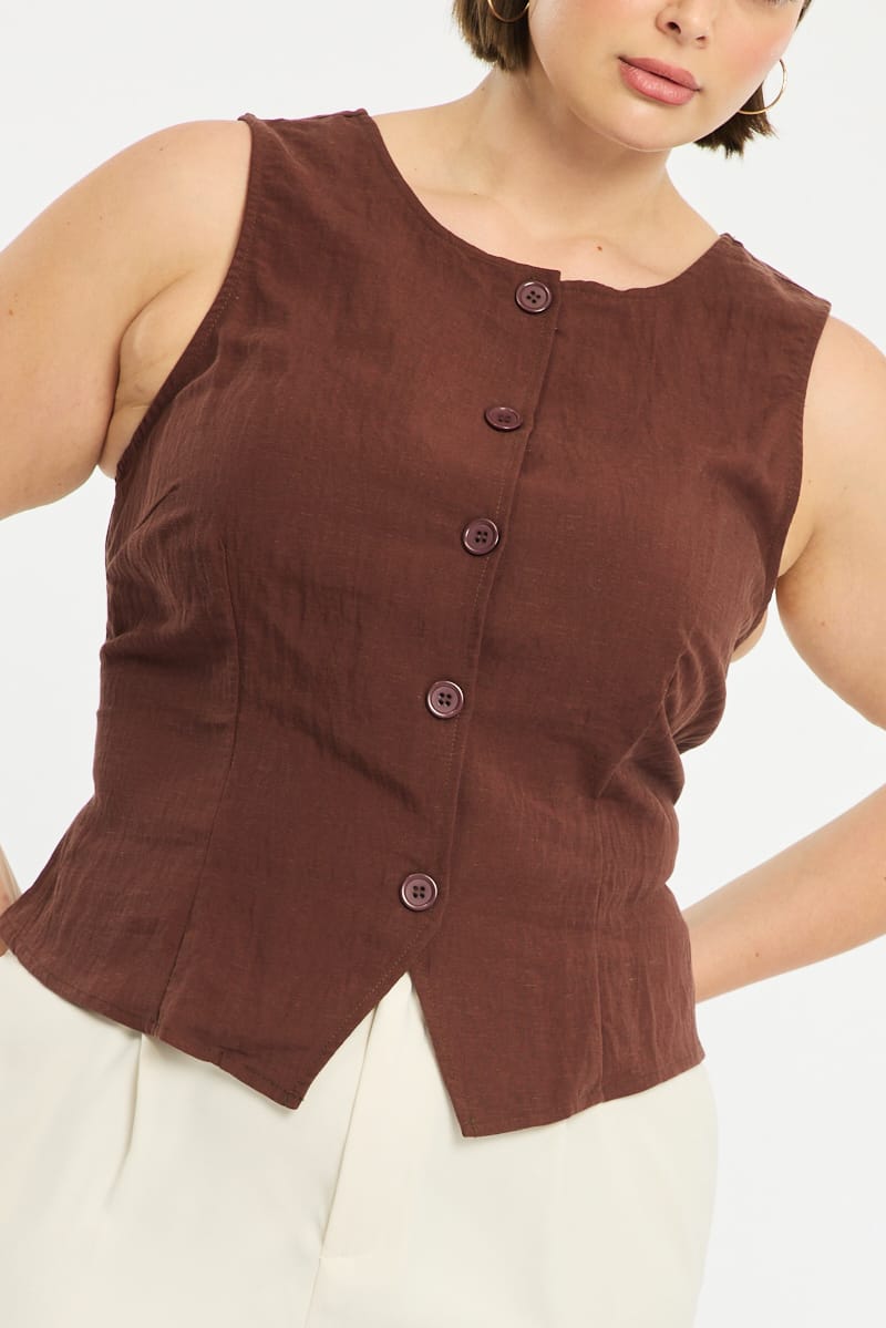 Brown Button Front Top Sleeveless Linen Blend for YouandAll Fashion