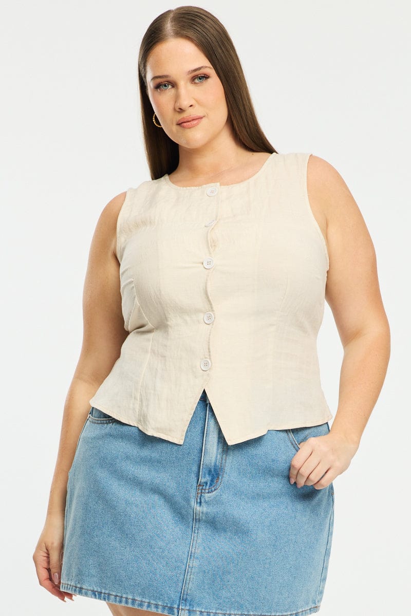 Beige Button Front Top Sleeveless Linen Blend for YouandAll Fashion