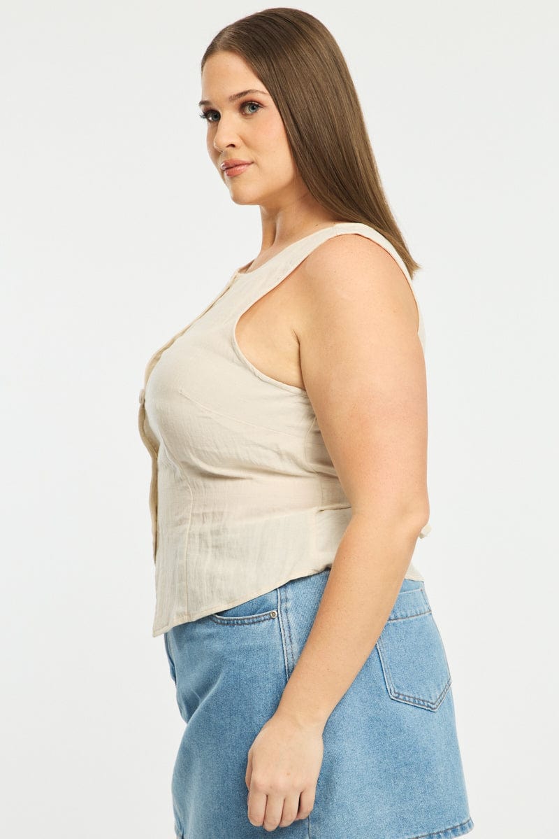 Beige Button Front Top Sleeveless Linen Blend for YouandAll Fashion