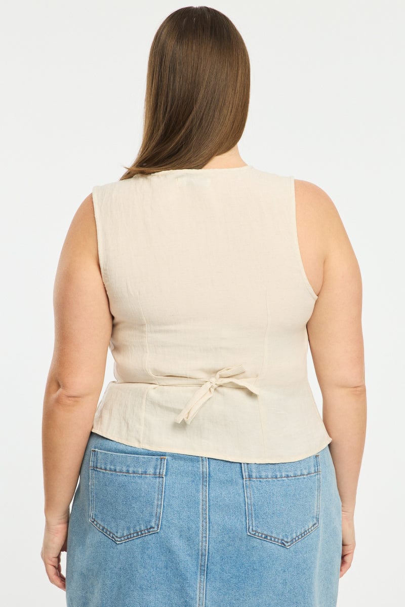 Beige Button Front Top Sleeveless Linen Blend for YouandAll Fashion