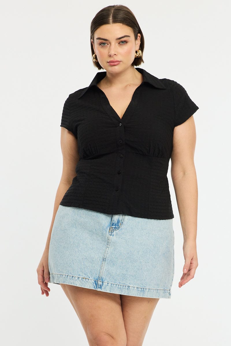 Black Fitted Shirt Short Sleeve Textured for YouandAll Fashion