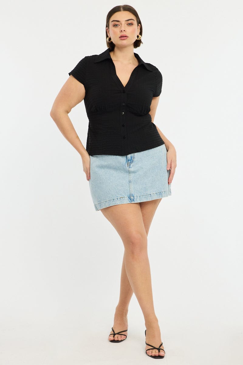 Black Fitted Shirt Short Sleeve Textured for YouandAll Fashion