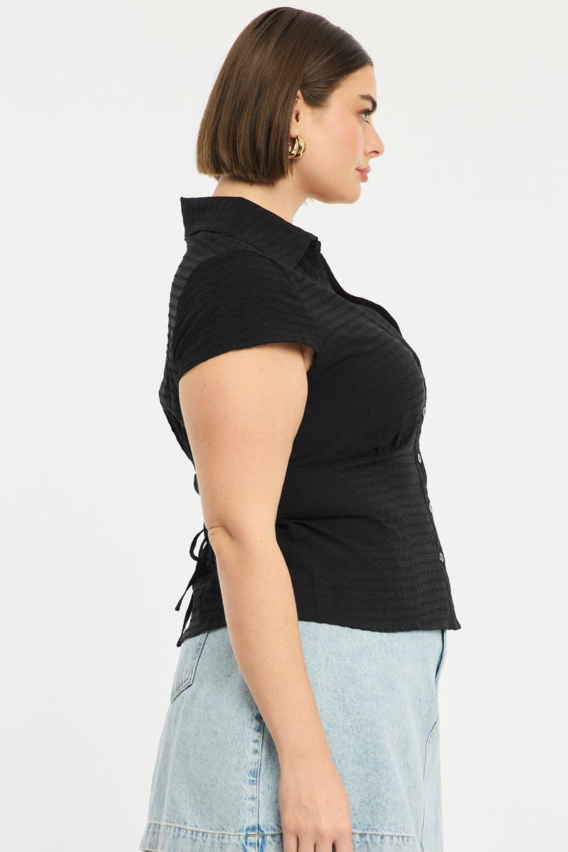 Black Fitted Shirt Short Sleeve Textured for YouandAll Fashion