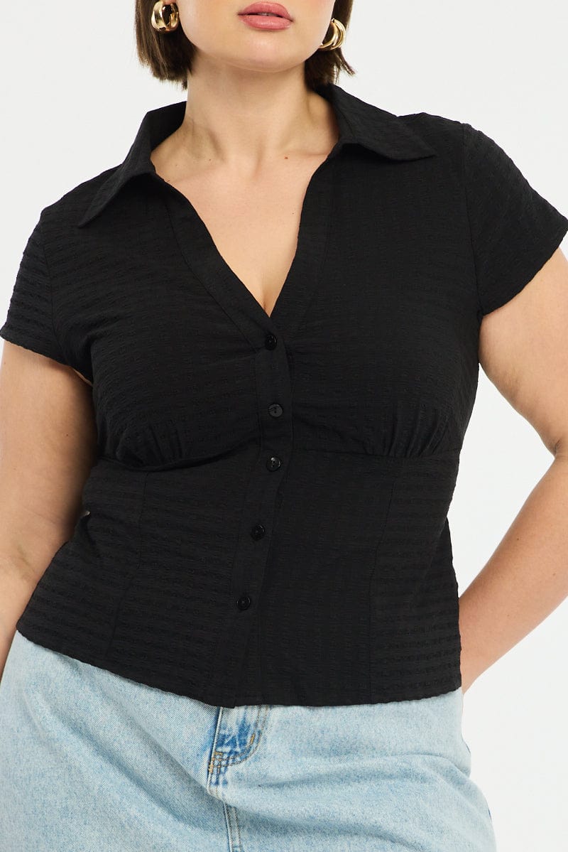 Black Fitted Shirt Short Sleeve Textured for YouandAll Fashion