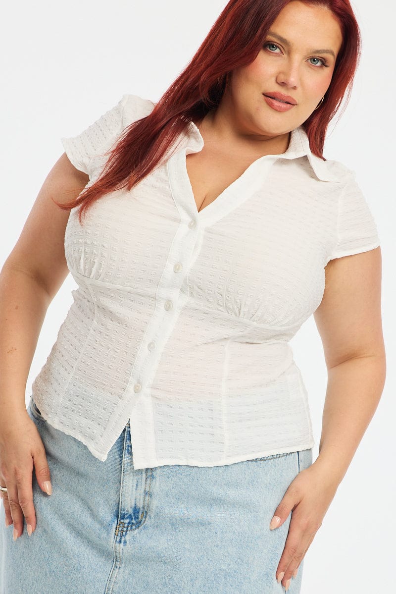 White Fitted Shirt Short Sleeve Textured for YouandAll Fashion