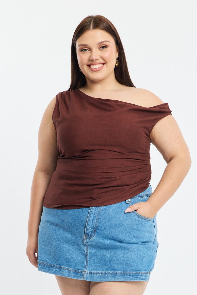 Brown One Shoulder Gathered Top Linen Blend for YouandAll Fashion