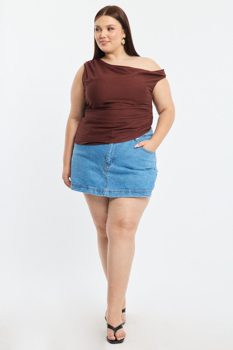 Brown One Shoulder Gathered Top Linen Blend for YouandAll Fashion