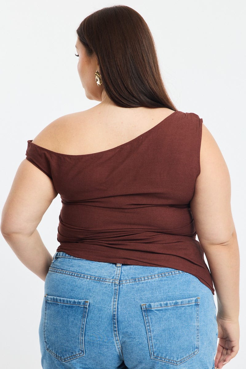 Brown One Shoulder Gathered Top Linen Blend for YouandAll Fashion