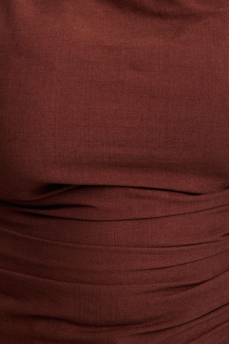 Brown One Shoulder Gathered Top Linen Blend for YouandAll Fashion
