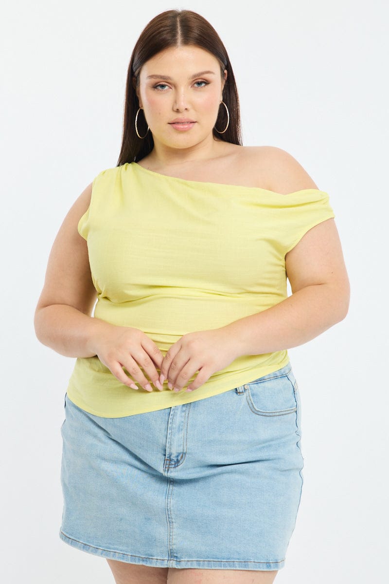 Yellow One Shoulder Gathered Top Linen Blend for YouandAll Fashion