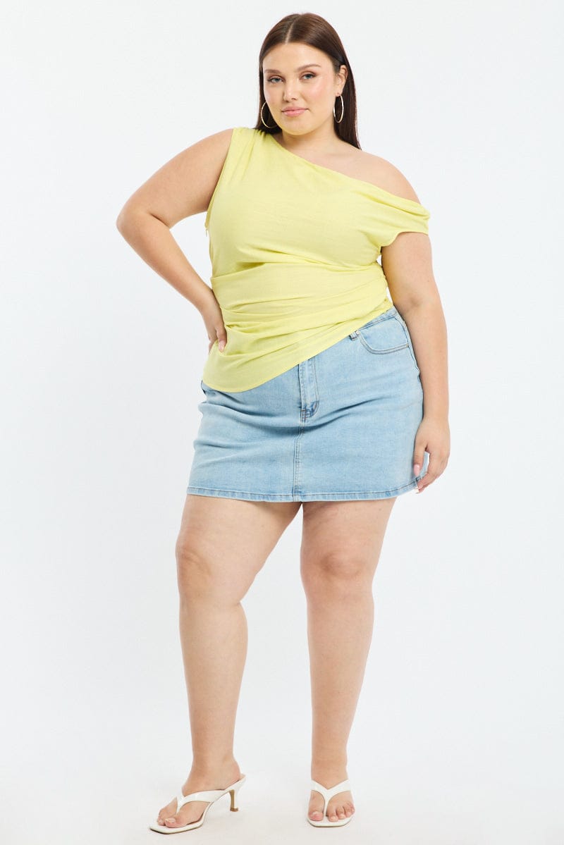 Yellow One Shoulder Gathered Top Linen Blend for YouandAll Fashion