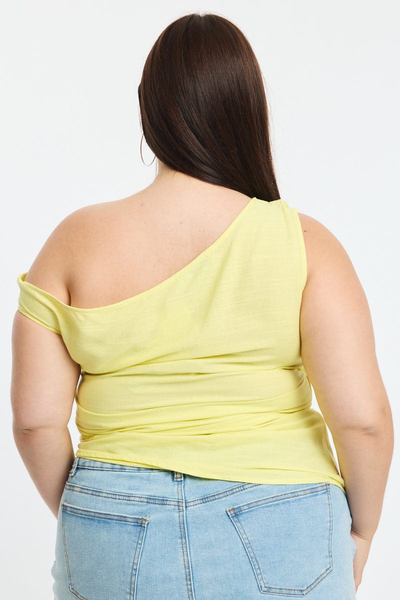 Yellow One Shoulder Gathered Top Linen Blend for YouandAll Fashion
