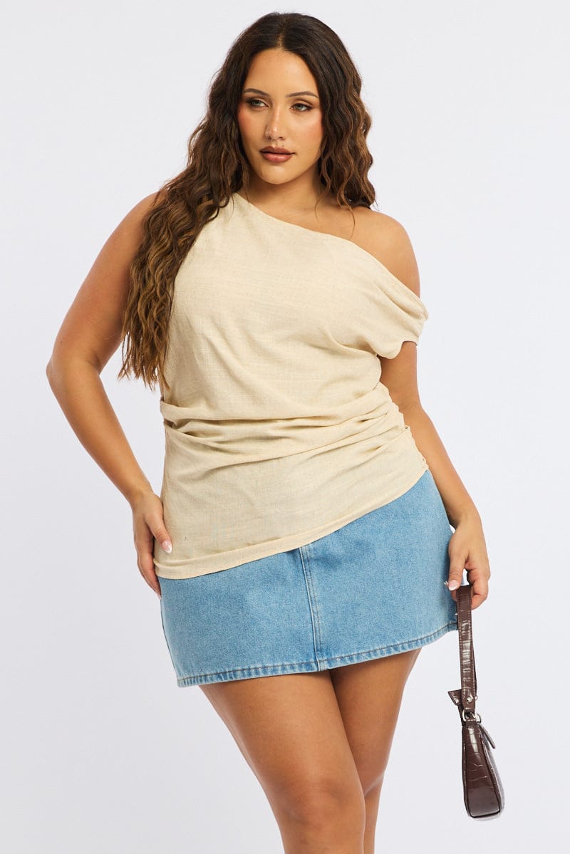 Beige One Shoulder Gathered Top Linen Blend for YouandAll Fashion