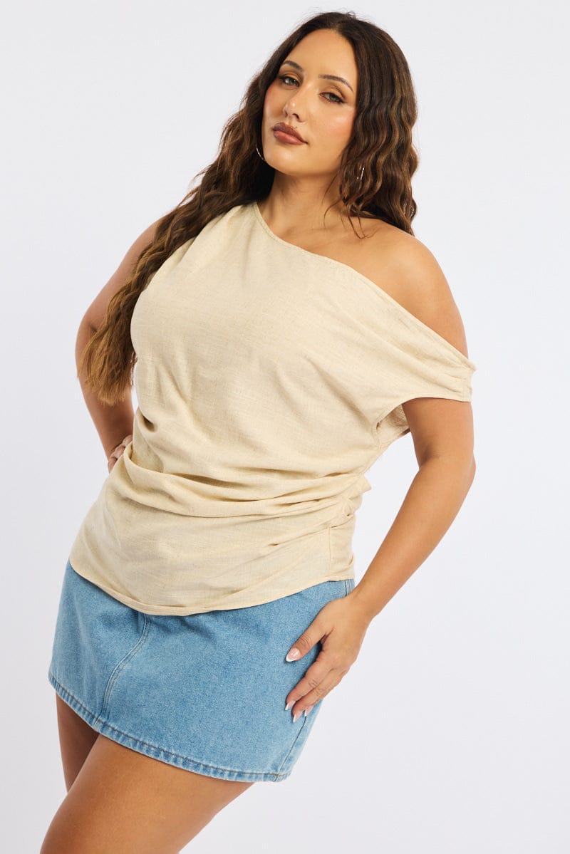 Beige One Shoulder Gathered Top Linen Blend for YouandAll Fashion