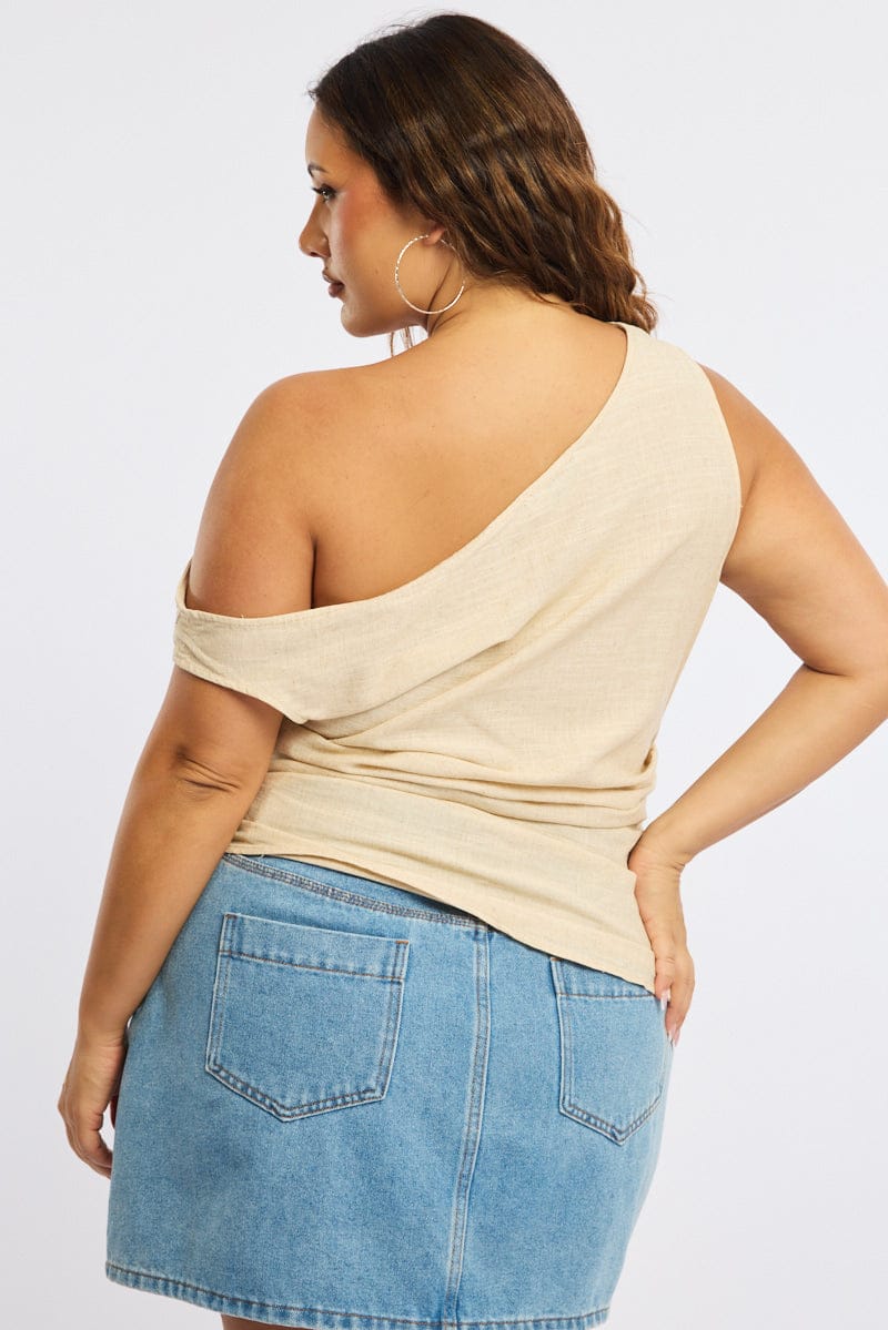 Beige One Shoulder Gathered Top Linen Blend for YouandAll Fashion