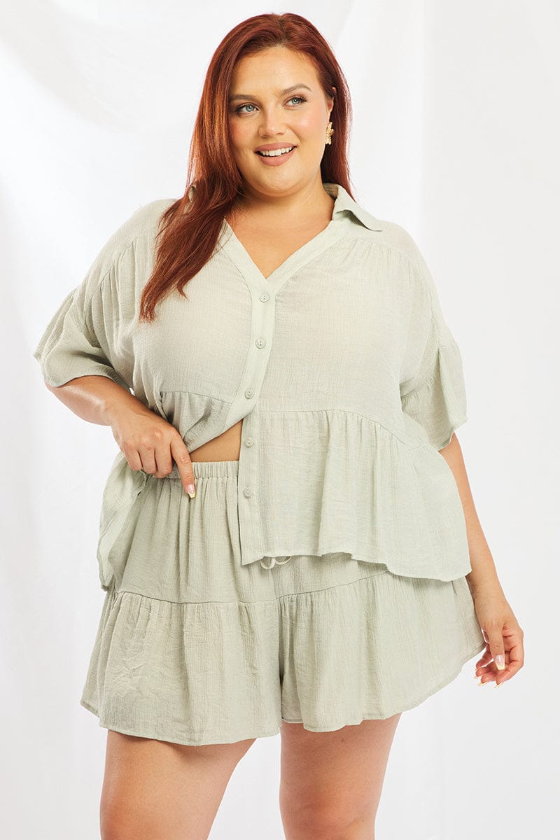 Green Ruffle Shirt Short Sleeve for YouandAll Fashion