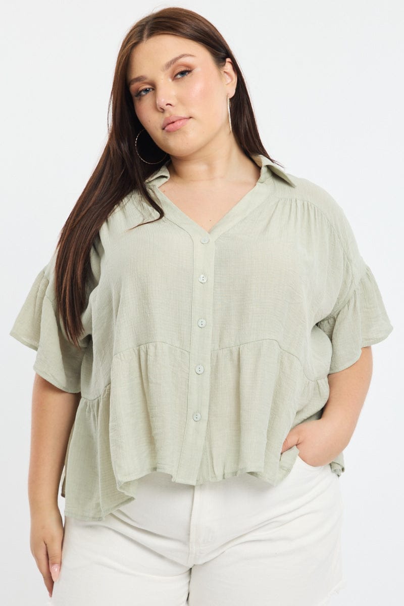 Green Ruffle Shirt Short Sleeve for YouandAll Fashion