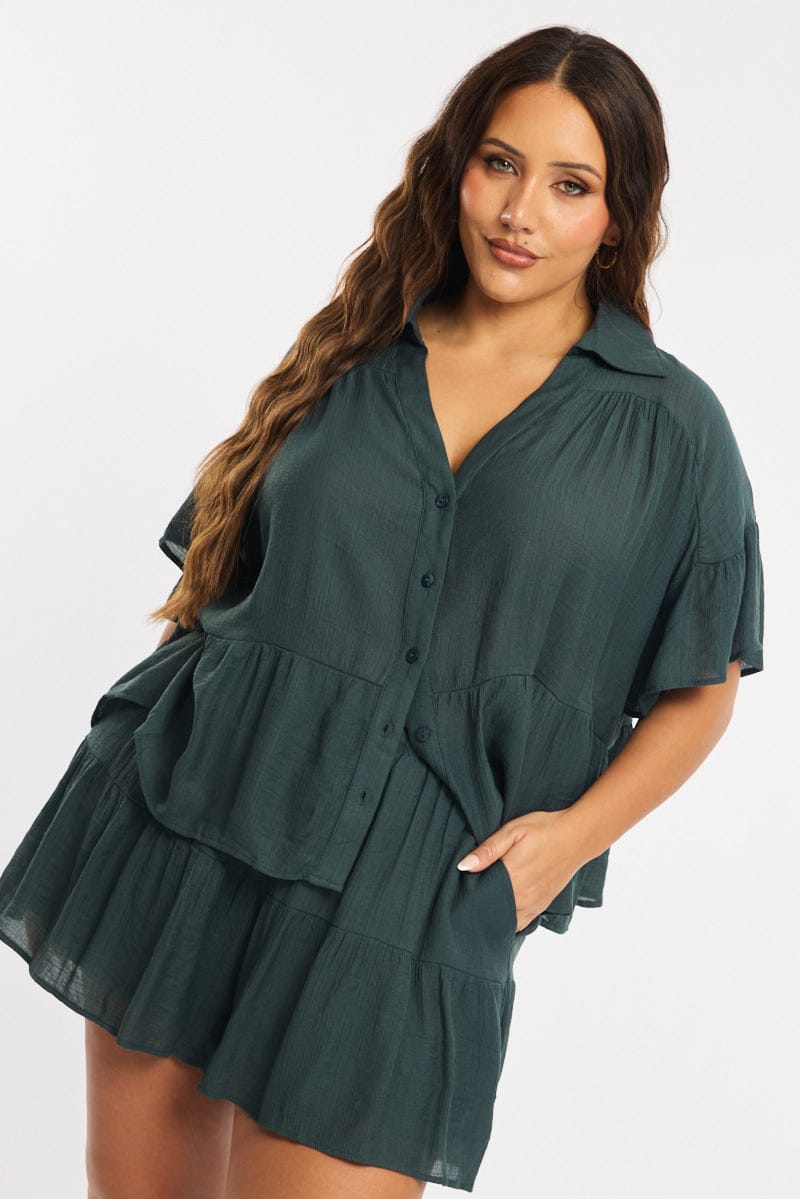 Green Ruffle Shirt Short Sleeve for YouandAll Fashion