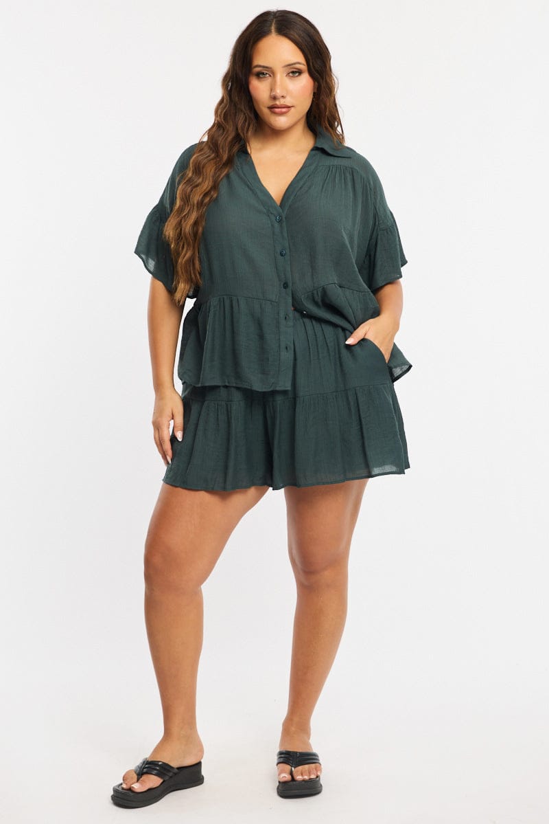 Green Ruffle Shirt Short Sleeve for YouandAll Fashion